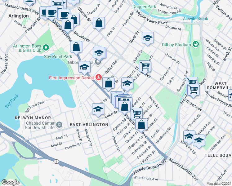 map of restaurants, bars, coffee shops, grocery stores, and more near 21 Everett Street in Arlington