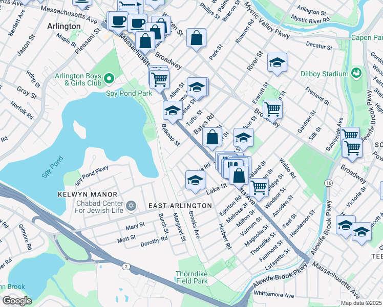 map of restaurants, bars, coffee shops, grocery stores, and more near 18 Marion Road in Arlington