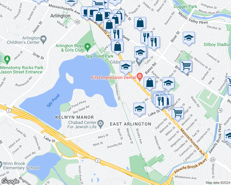 map of restaurants, bars, coffee shops, grocery stores, and more near 34 Hamilton Road in Arlington