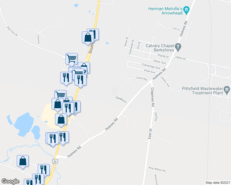 map of restaurants, bars, coffee shops, grocery stores, and more near 2-98 Cynthia Lane in Pittsfield