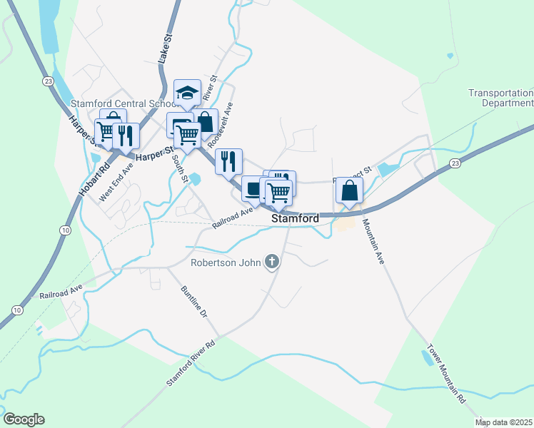 map of restaurants, bars, coffee shops, grocery stores, and more near 74 Main Street in Stamford