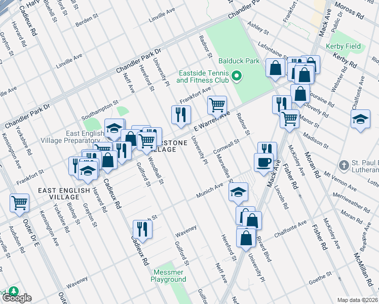 map of restaurants, bars, coffee shops, grocery stores, and more near 4734 Hereford Street in Detroit