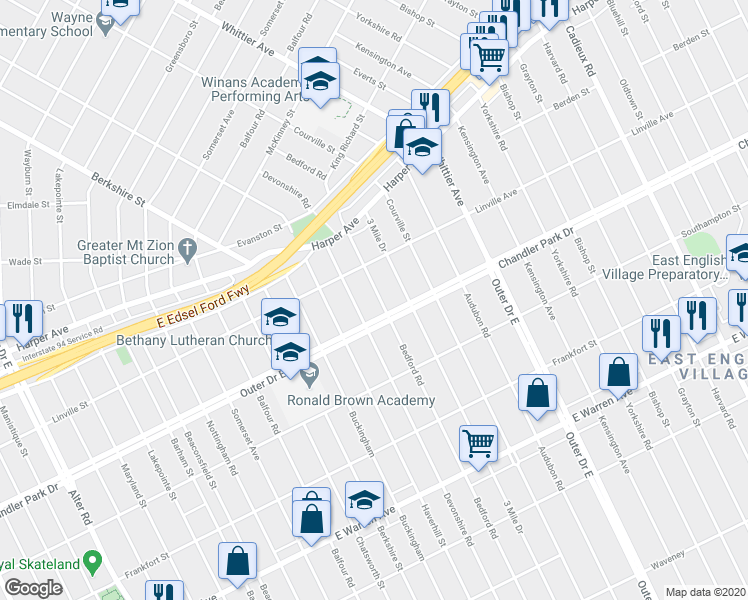 map of restaurants, bars, coffee shops, grocery stores, and more near in Grosse Pointe Park