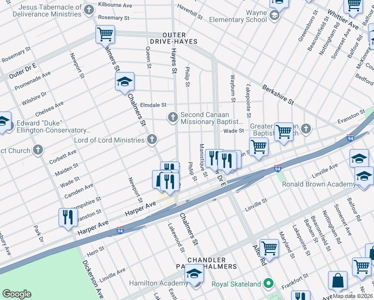 map of restaurants, bars, coffee shops, grocery stores, and more near 9247 Philip Street in Detroit