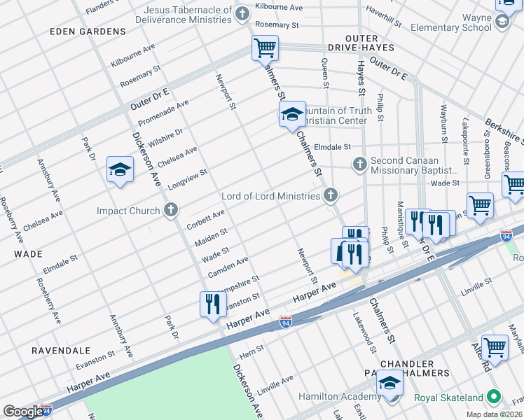 map of restaurants, bars, coffee shops, grocery stores, and more near 13404 Corbett Avenue in Detroit