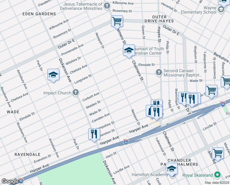 map of restaurants, bars, coffee shops, grocery stores, and more near 13404 Corbett Avenue in Detroit
