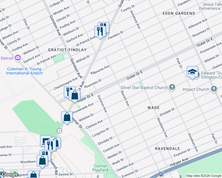 map of restaurants, bars, coffee shops, grocery stores, and more near 8253 Outer Drive East in Detroit