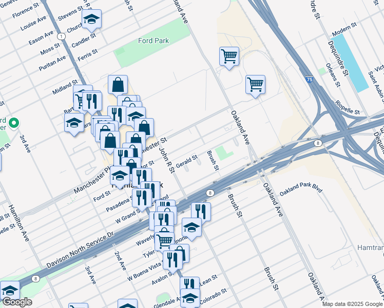 map of restaurants, bars, coffee shops, grocery stores, and more near 12 Victor Street in Highland Park