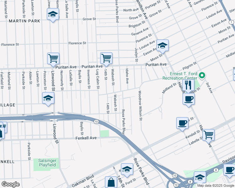map of restaurants, bars, coffee shops, grocery stores, and more near 15727 Wabash Street in Detroit