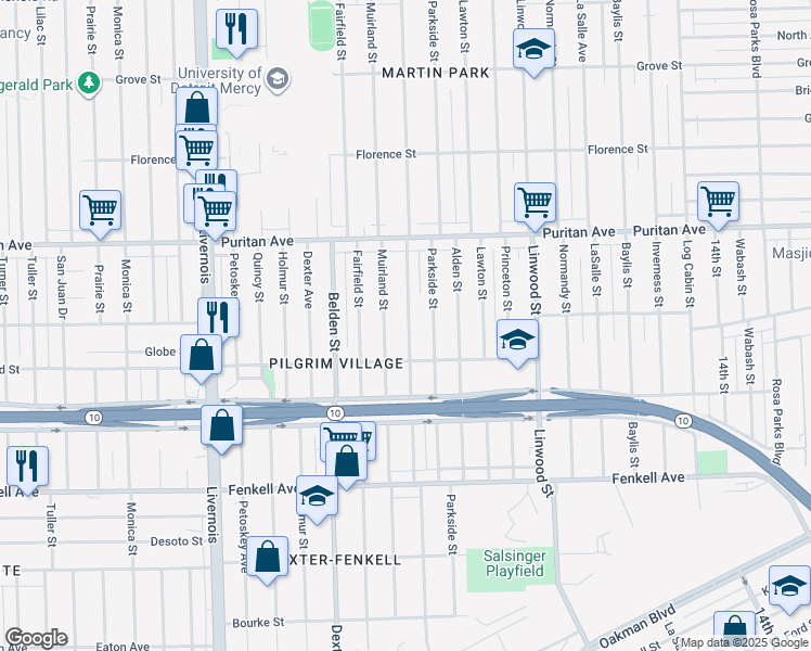 map of restaurants, bars, coffee shops, grocery stores, and more near 15804 Muirland Street in Detroit