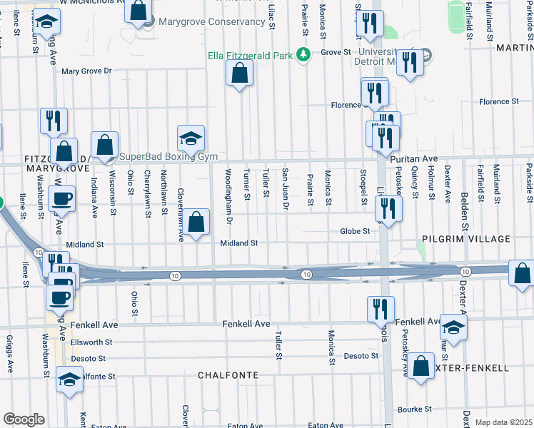 map of restaurants, bars, coffee shops, grocery stores, and more near 15838 Turner Street in Detroit