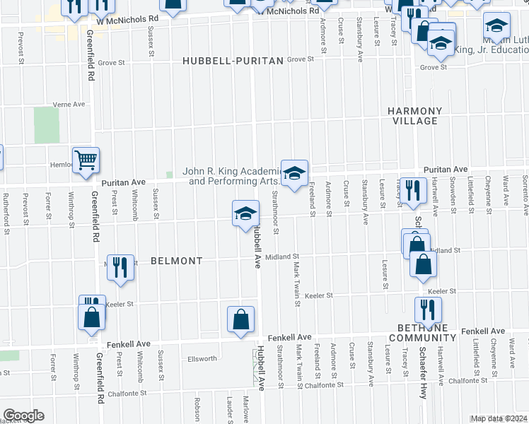 map of restaurants, bars, coffee shops, grocery stores, and more near 15857 Strathmoor Street in Detroit