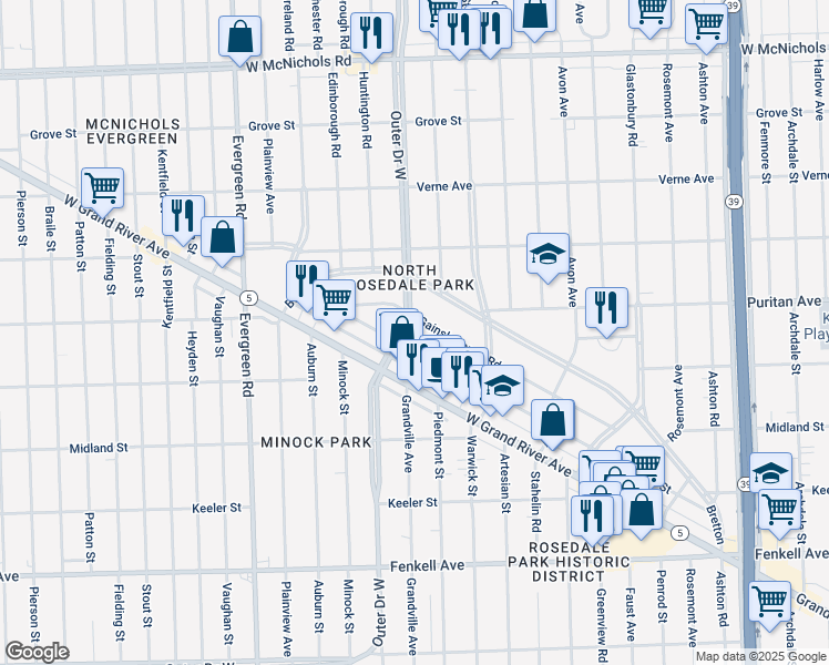 map of restaurants, bars, coffee shops, grocery stores, and more near 19240 Gainsborough Road in Detroit