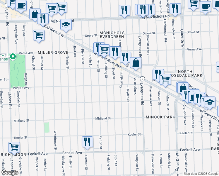 map of restaurants, bars, coffee shops, grocery stores, and more near 16104 Fielding Street in Detroit