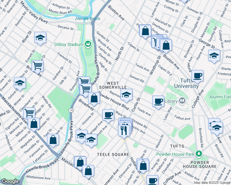 map of restaurants, bars, coffee shops, grocery stores, and more near 69 Raymond Avenue in Somerville