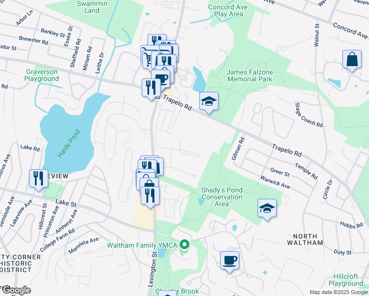 map of restaurants, bars, coffee shops, grocery stores, and more near 43 Jacqueline Road in Waltham