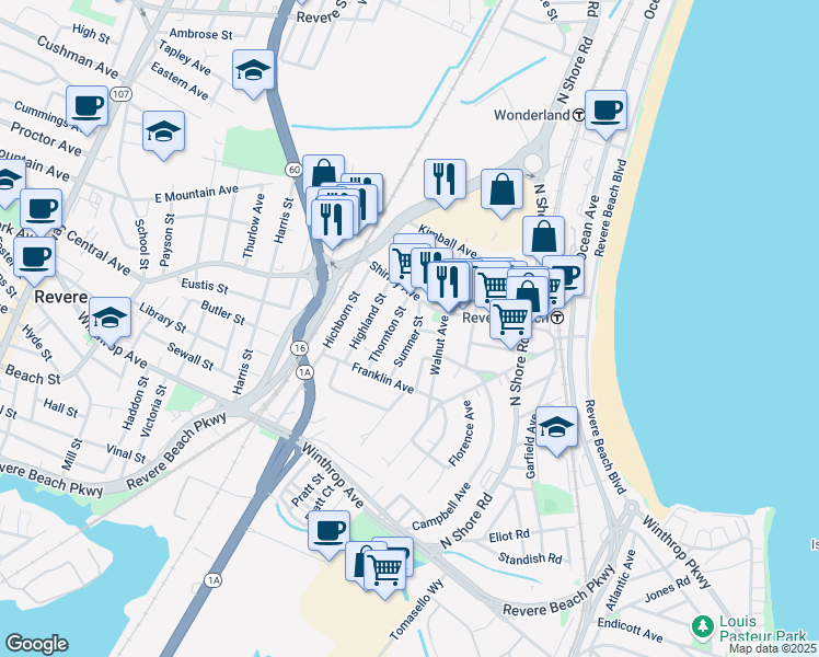 map of restaurants, bars, coffee shops, grocery stores, and more near 90b Shirley Avenue in Revere