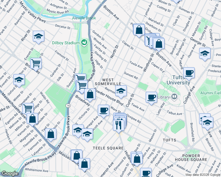map of restaurants, bars, coffee shops, grocery stores, and more near in Somerville
