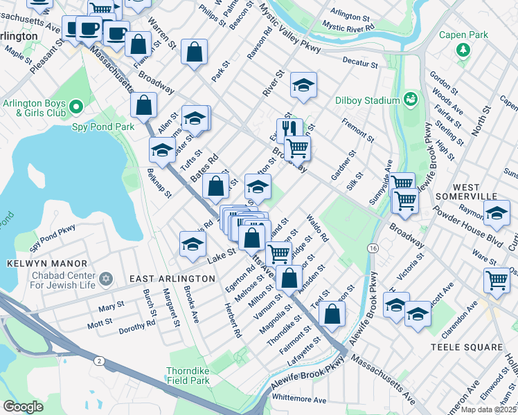 map of restaurants, bars, coffee shops, grocery stores, and more near 34 Winter Street in Arlington