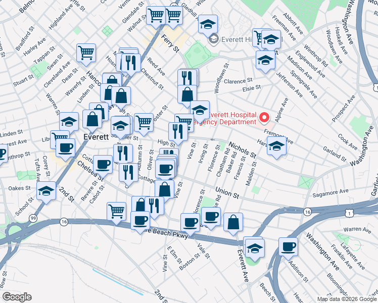 map of restaurants, bars, coffee shops, grocery stores, and more near 121 Ferry Street in Everett