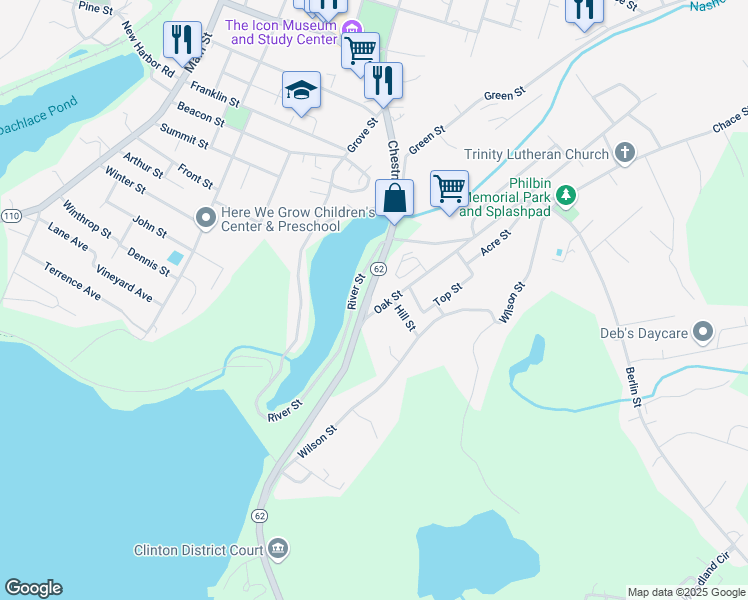 map of restaurants, bars, coffee shops, grocery stores, and more near 46 Oak Street in Clinton