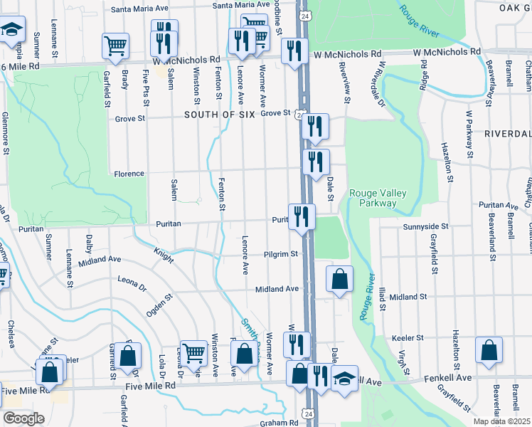 map of restaurants, bars, coffee shops, grocery stores, and more near 16149 Wormer in Detroit