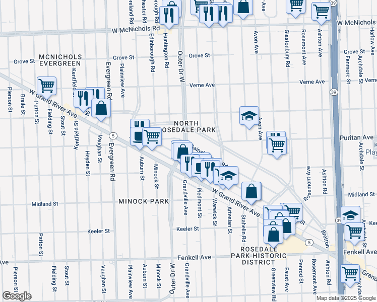 map of restaurants, bars, coffee shops, grocery stores, and more near 19240 Gainsborough Road in Detroit