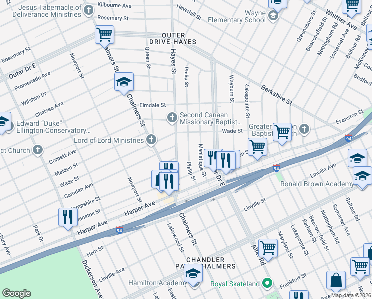 map of restaurants, bars, coffee shops, grocery stores, and more near 9247 Philip Street in Detroit