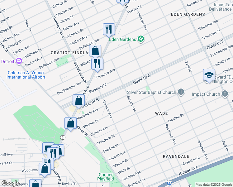 map of restaurants, bars, coffee shops, grocery stores, and more near 8253 Outer Drive East in Detroit