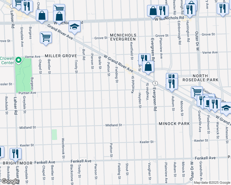 map of restaurants, bars, coffee shops, grocery stores, and more near 15909 Fielding Street in Detroit