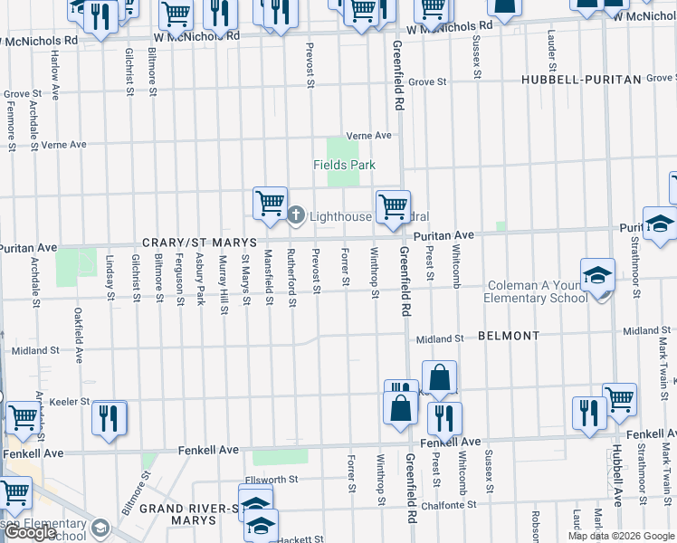 map of restaurants, bars, coffee shops, grocery stores, and more near 15845 Forrer Street in Detroit