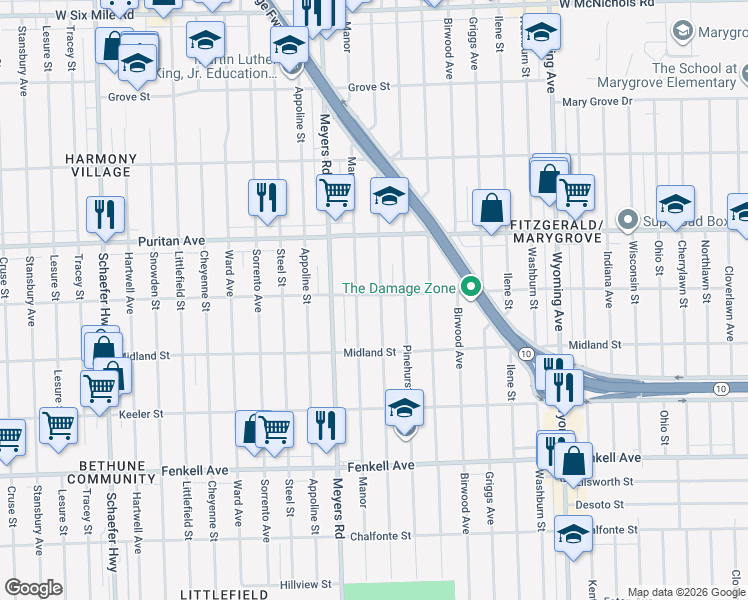 map of restaurants, bars, coffee shops, grocery stores, and more near 15821 Monte Vista Street in Detroit