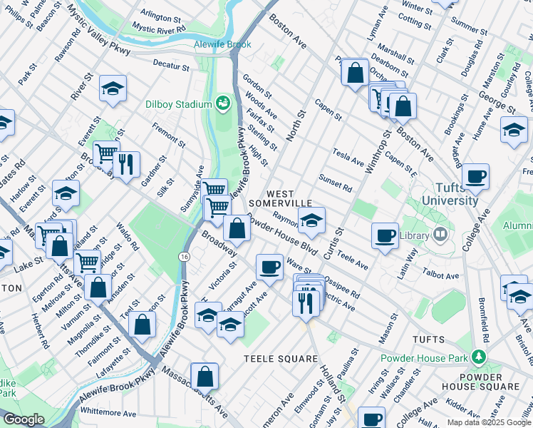 map of restaurants, bars, coffee shops, grocery stores, and more near 94 Raymond Avenue in Somerville