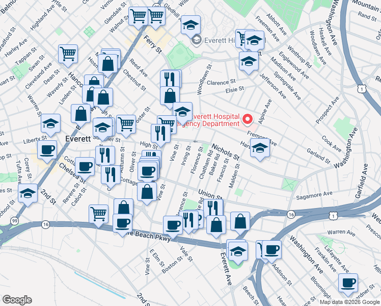 map of restaurants, bars, coffee shops, grocery stores, and more near 135 Irving Street in Everett