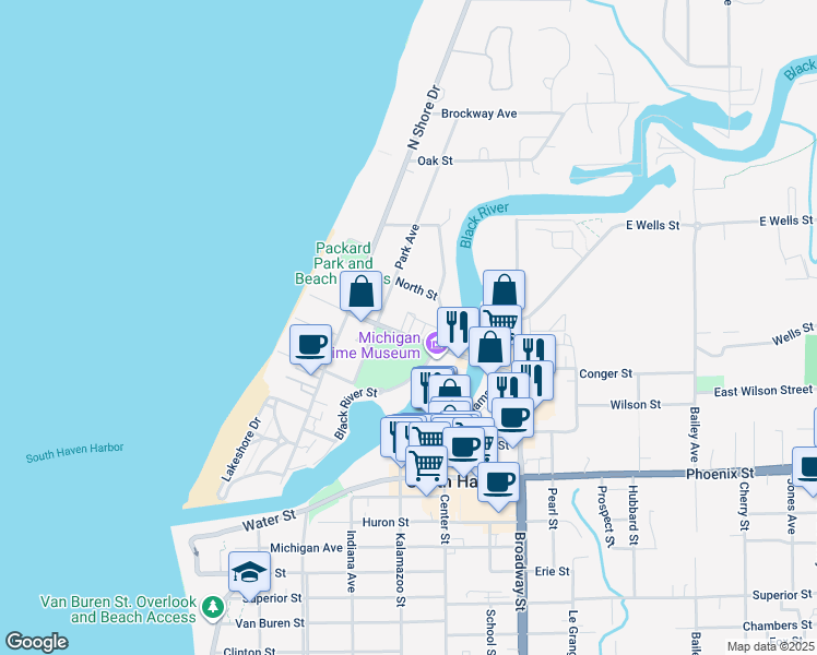 map of restaurants, bars, coffee shops, grocery stores, and more near 220 Park Avenue in South Haven