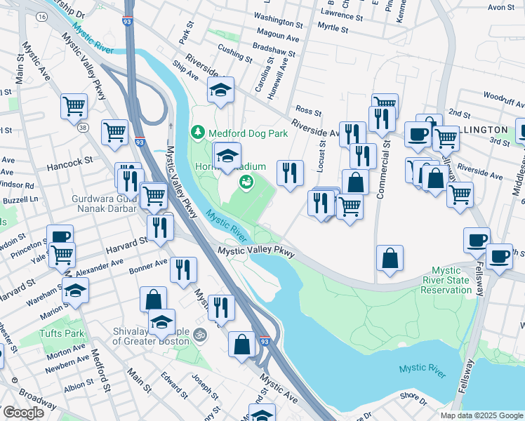 map of restaurants, bars, coffee shops, grocery stores, and more near 90 Locust Street in Medford