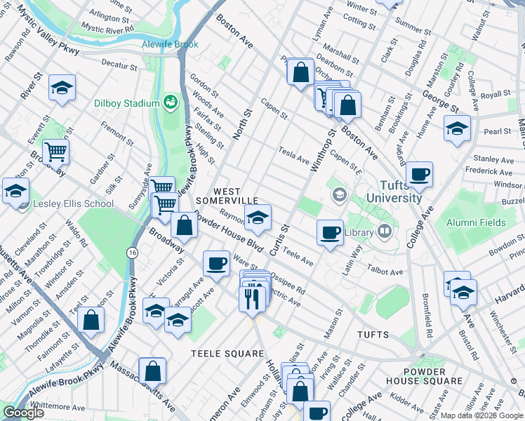 map of restaurants, bars, coffee shops, grocery stores, and more near 35 Conwell Avenue in Somerville