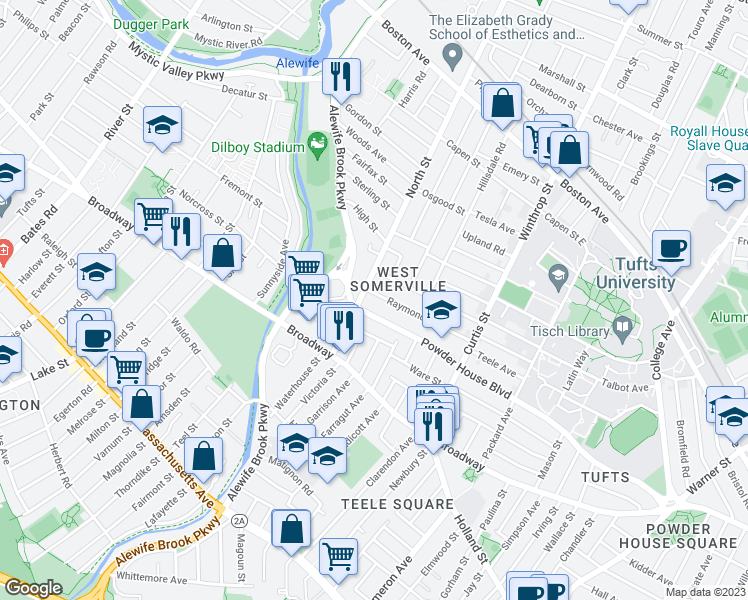 map of restaurants, bars, coffee shops, grocery stores, and more near 100 Raymond Avenue in Somerville