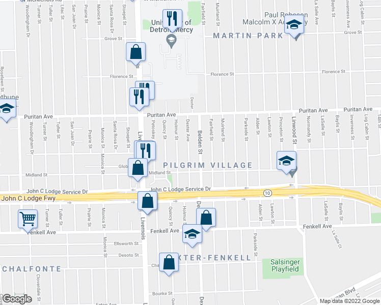 map of restaurants, bars, coffee shops, grocery stores, and more near 15780 Dexter Avenue in Detroit