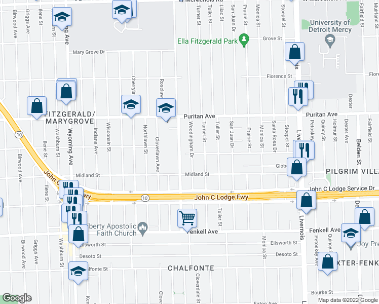 map of restaurants, bars, coffee shops, grocery stores, and more near 8000 Pilgrim Street in Detroit