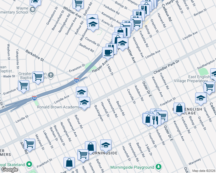 map of restaurants, bars, coffee shops, grocery stores, and more near 5751 Bedford Street in Detroit