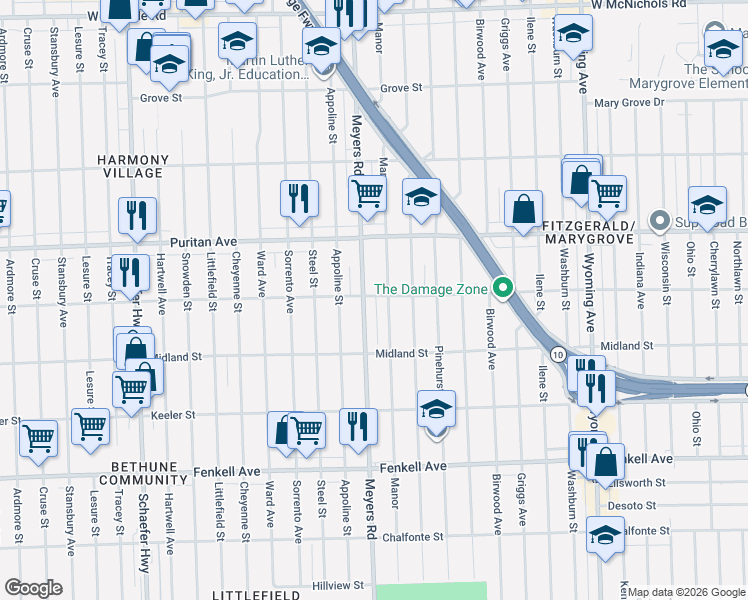 map of restaurants, bars, coffee shops, grocery stores, and more near 15819 Manor in Detroit
