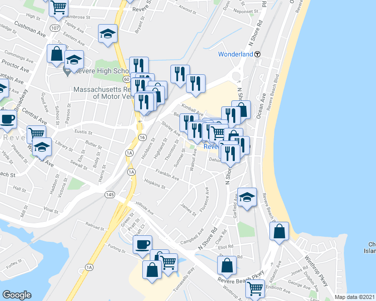 map of restaurants, bars, coffee shops, grocery stores, and more near 90b Shirley Avenue in Revere