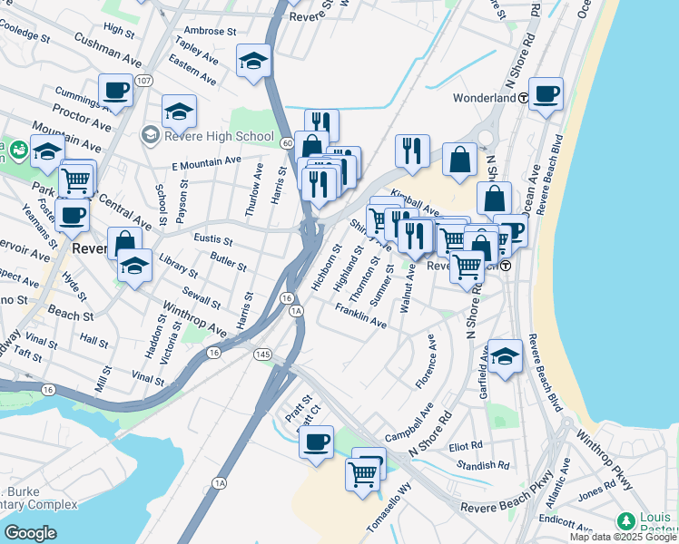 map of restaurants, bars, coffee shops, grocery stores, and more near 42 Hichborn Street in Revere