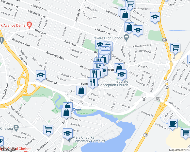 map of restaurants, bars, coffee shops, grocery stores, and more near 18 Reservoir Avenue in Revere