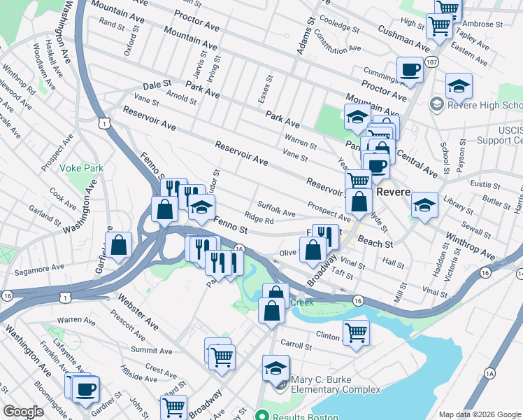 map of restaurants, bars, coffee shops, grocery stores, and more near 151 Suffolk Avenue in Revere