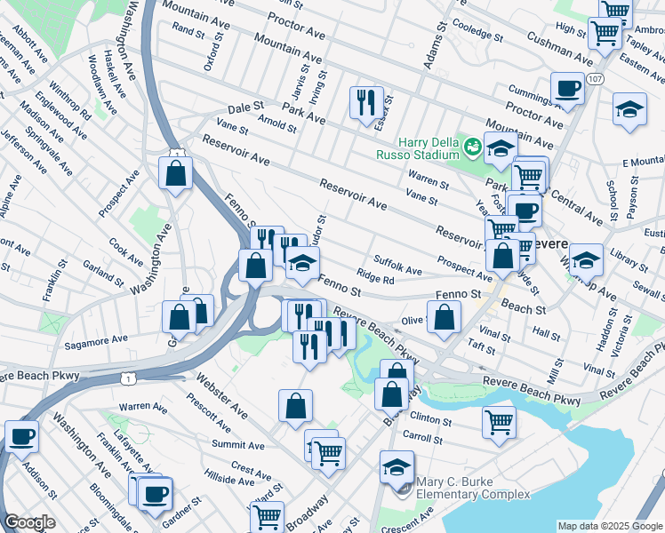 map of restaurants, bars, coffee shops, grocery stores, and more near 145 Ridge Road in Revere
