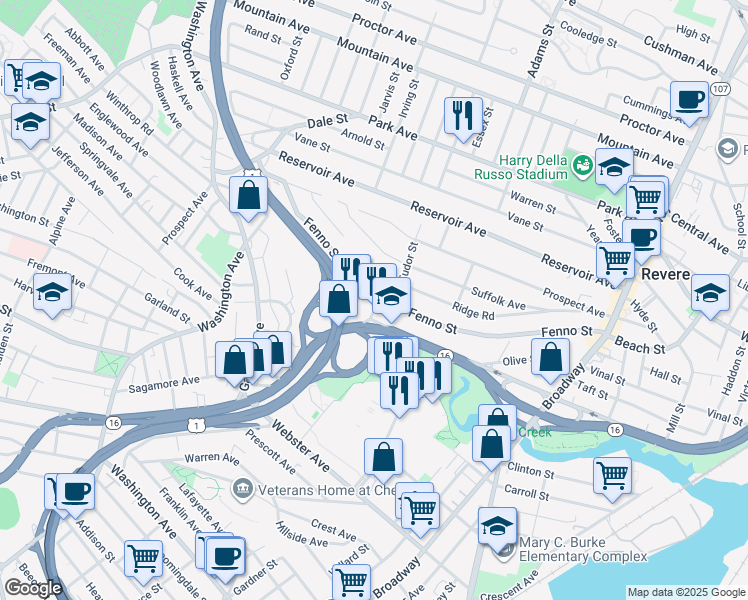 map of restaurants, bars, coffee shops, grocery stores, and more near 295 Fenno Street in Revere
