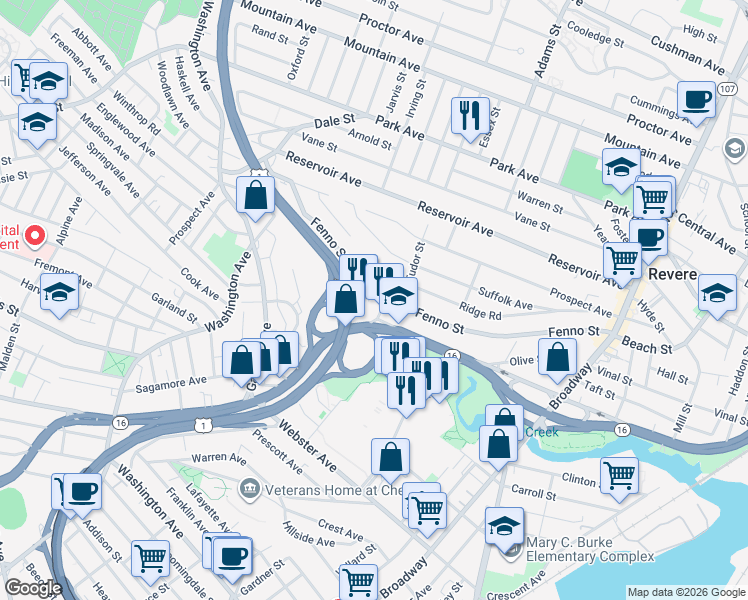 map of restaurants, bars, coffee shops, grocery stores, and more near 295 Fenno Street in Revere