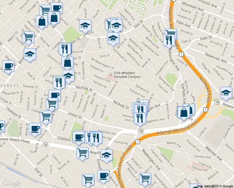 map of restaurants, bars, coffee shops, grocery stores, and more near 114 Harvard Street in Everett
